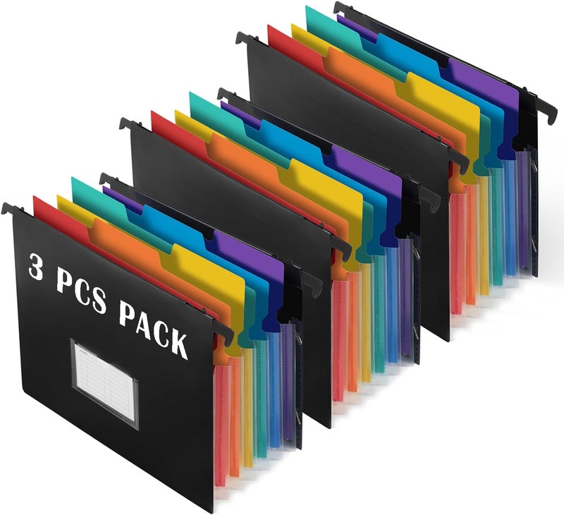 TRANBO 7-Pockets Hanging File Folder with Retractable Hooks for Filing Cabinet, Letter Size Expandable Accordion File Organizer with Elastic Band for File Frame or On-The-Go Use (3 Pack) - Image 1